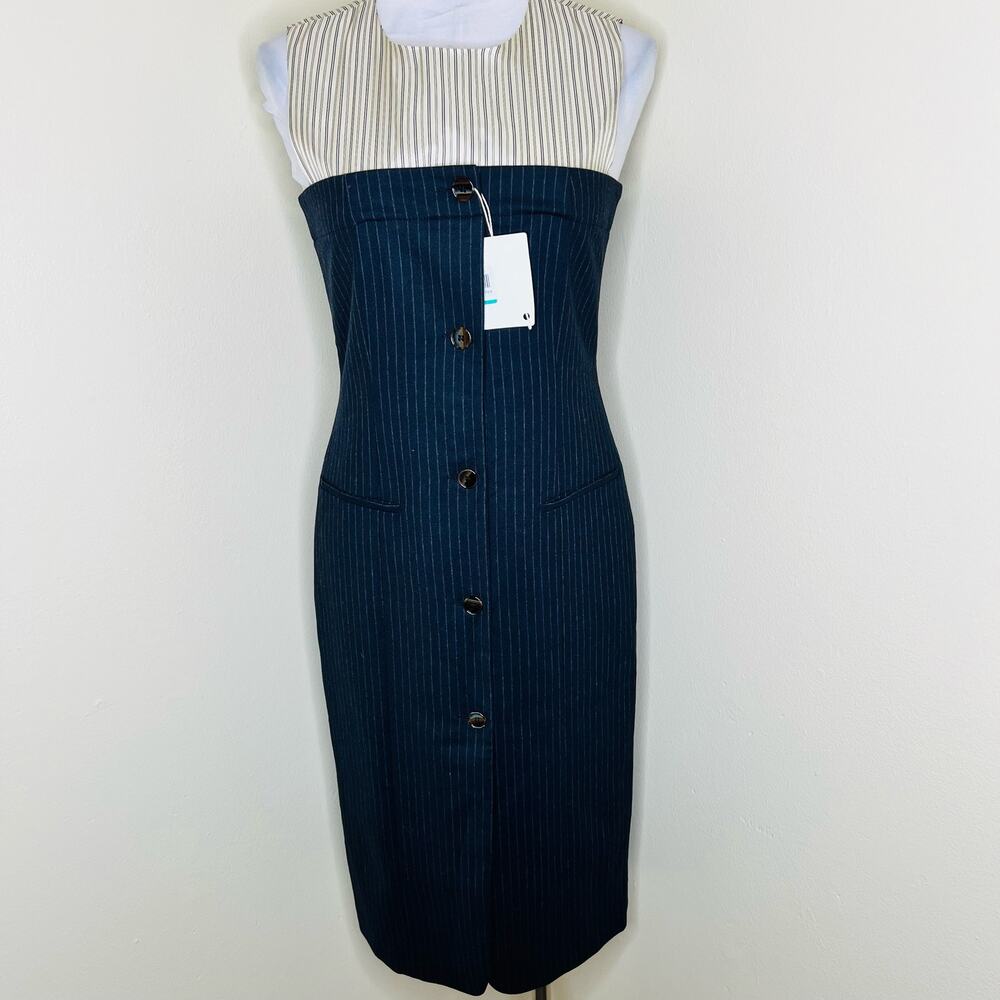 Erika Cavallini Sheath Shirt Dress 8 Pinstriped Button Front Midi Navy Wool New